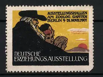 Reklamemarke Berlin, Deutsche Erziehungs-Ausstellung 1907, Familie blickt zum Sonnenaufgang