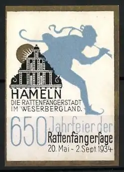 Reklamemarke Hameln, 650 Jahrfeier der Rattenfängersage 1934, Gebäude und Rattenfänger