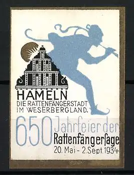 Reklamemarke Hameln, 650 Jahrfeier der Rattenfängersage 1934, Gebäude und Rattenfänger