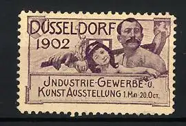 Reklamemarke Düsseldorf, Industrie-, Gewerbe- und Kunstausstellung 1902, Arbeiter mit Tochter und Wappen