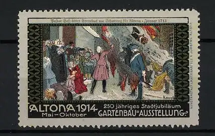 Künstler-Reklamemarke Altona, Gartenbau-Ausstellung 1914, Pastor Sass bittet Steenbock um Schonung Altonas 1713