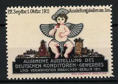 Reklamemarke Berlin, Allgemeine Ausstellung des Deutschen Konditoren-Gewerbes 1911, nackter Engel vor Stadtsilhouette