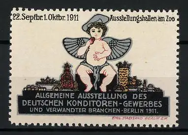 Reklamemarke Berlin, Allgemeine Ausstellung des Deutschen Konditoren-Gewerbes 1911, nackter Engel vor Stadtsilhouette