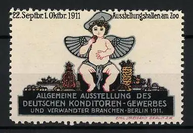 Reklamemarke Berlin, Allgemeine Ausstellung des Deutschen Konditoren-Gewerbes 1911, nackter Engel vor Stadtsilhouette