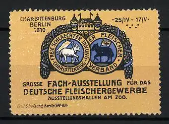 Reklamemarke Berlin-Charlottenburg, Grosse Fach-Ausstellung f. d. Deutsche Fleischergewerbe 1910, Wappen