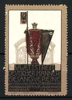 Reklamemarke Frankfurt, IV. Wettstreit deutscher Männergesangsvereine 1913, König mit Harfe und Wappen