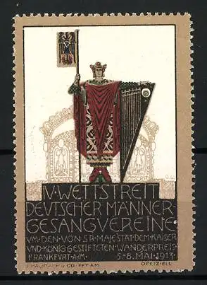 Reklamemarke Frankfurt, IV. Wettstreit deutscher Männergesangsvereine 1913, König mit Harfe und Wappen