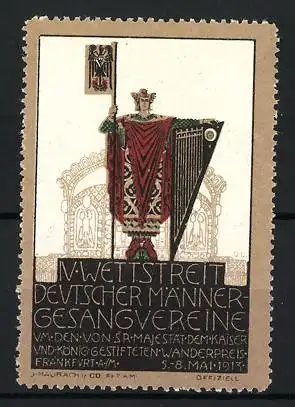 Reklamemarke Frankfurt, IV. Wettstreit deutscher Männergesangsvereine 1913, König mit Harfe und Wappen