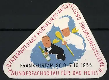 Reklamemarke Frankfurt, internationale Kochkunst-Ausstellung 1956, geflügelter Ober und Koch