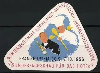 Reklamemarke Frankfurt, internationale Kochkunst-Ausstellung 1956, geflügelter Ober und Koch