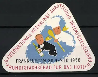 Reklamemarke Frankfurt, internationale Kochkunst-Ausstellung 1956, geflügelter Ober und Koch