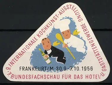 Reklamemarke Frankfurt, internationale Kochkunst-Ausstellung 1956, geflügelter Ober und Koch