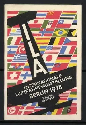 Reklamemarke Berlin, Internationale Luftfahrt-Ausstellung 1928, Flugzeug und verschiedene Länderflaggen