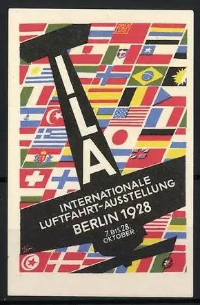 Reklamemarke Berlin, Internationale Luftfahrt-Ausstellung 1928, Flugzeug und verschiedene Länderflaggen