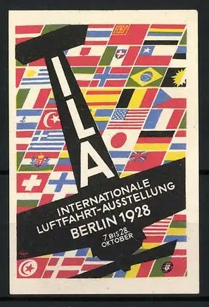 Reklamemarke Berlin, Internationale Luftfahrt-Ausstellung 1928, Flugzeug und verschiedene Länderflaggen