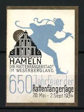 Reklamemarke Hameln, 650 Jahrfeier der Rattenfängersage 1934, Gebäude und Rattenfänger