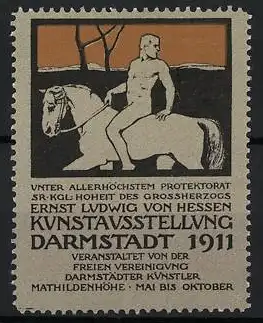 Reklamemarke Darmstadt, Kunstausstellung 1911, Mann zu Pferd