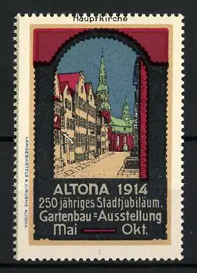 Reklamemarke Altona, Gartenbau-Ausstellung 1914, Strassenansicht mit Hauptkirche