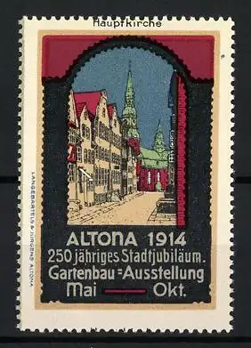 Reklamemarke Altona, Gartenbau-Ausstellung 1914, Strassenansicht mit Hauptkirche