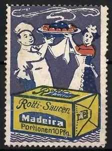 Reklamemarke Rotti-Saucen der Marke Madeira, Koch und Dienstmagd mit Braten