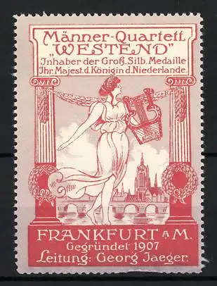 Reklamemarke Frankfurt / Main, Gesangsverein Männer-Quartett Westend, elegante Frau mit Lyra am Stadtrand