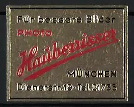 Präge-Reklamemarke München, Photo Hauberrisser, Dienerstrasse 19