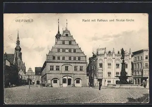 AK Greifswald, Markt mit Rathaus und Nicolai-Kirche