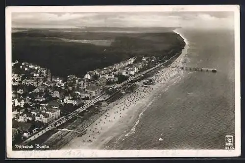 AK Bansin, Blick von oben auf den Strand mit Seebrücke