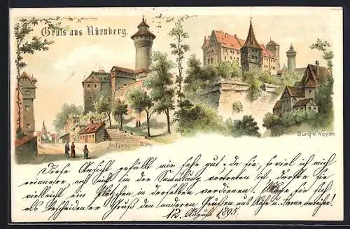 Lithographie Nürnberg, Aufgang zur Burg, Burg v. Westen