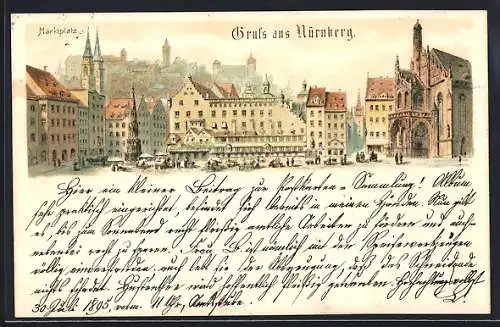 Vorläufer-Lithographie Nürnberg, 1895, Marktplatz-Panorama mit Marktbetrieb