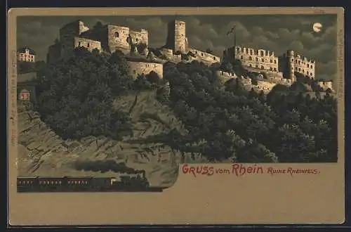 Lithographie Ruine Rheinfels, Gesamtansicht mit Eisenbahn bei Vollmond