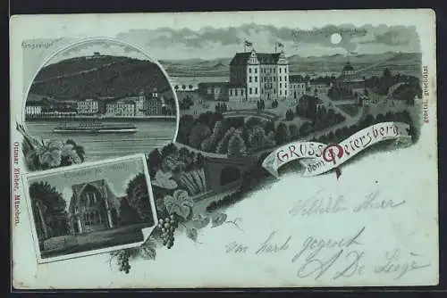 Mondschein-Lithographie Königswinter, Petersberg mit Gasthaus aus der Vogelschau, Ortspanorama, Ruine Heisterbach