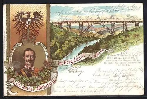 Lithographie Müngsten, Kaiser Wilhelm-Brücke, Portrait Wilhelm II., Reichsadler mit Krone