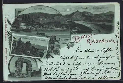 Mondschein-Lithographie Honnef, Rolandseck, Honnef und Siebengebirge, Aussicht vom Rolandsbogen