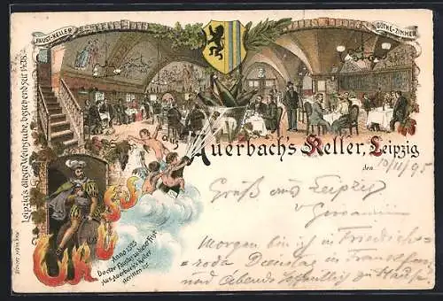 Vorläufer-Lithographie Leipzig, 1895, Gasthaus Auerbachs Keller, Göthe-Zimmer mit Gästen, Engel mit Sekt, Doktor Faustus