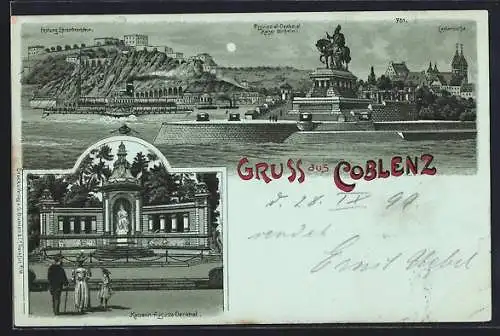 Mondschein-Lithographie Coblenz, Kaiserin-Augusta-Denkmal, Ortspanorama mit Ehrenbreitstein und Denkmal Kaiser Wilhelm