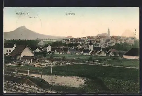 AK Hechingen, Ortspartie, Panorama von den Bahnschienen aus, mit Bergblick