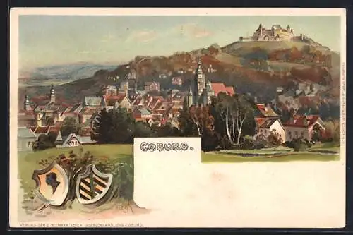 Lithographie Coburg, Teilansicht und Wappen