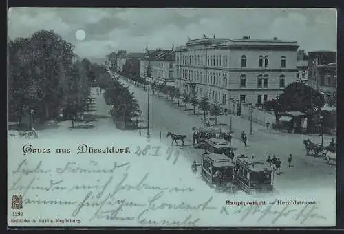 Mondschein-AK Düsseldorf, Heroldstrasse mit Hauptpostamt aus der Vogelschau