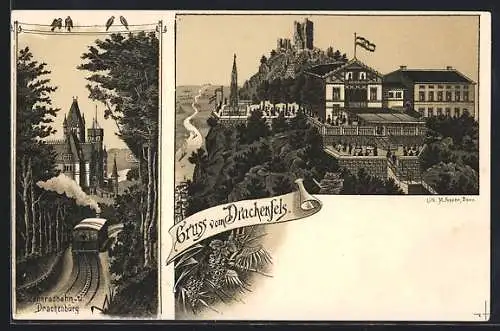 Lithographie Königswinter, Gasthaus zum Drachenfels, Zahnradbahn & Drachenburg