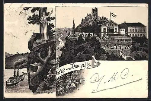 Lithographie Königswinter, Blick auf das Gasthaus Drachenfels, Sage vom Drachenfels