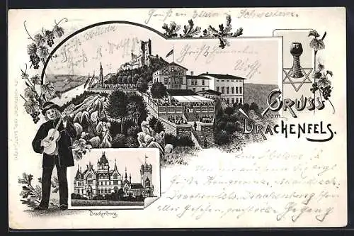 Lithographie Drachenfels, Blick zum Gasthaus, Drachenburg & Gitarrenspieler