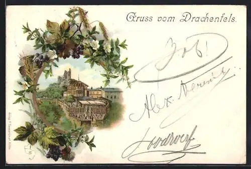 Lithographie Drachenfels, Ortsansicht mit Gasthaus, Weintrauben-Kranz