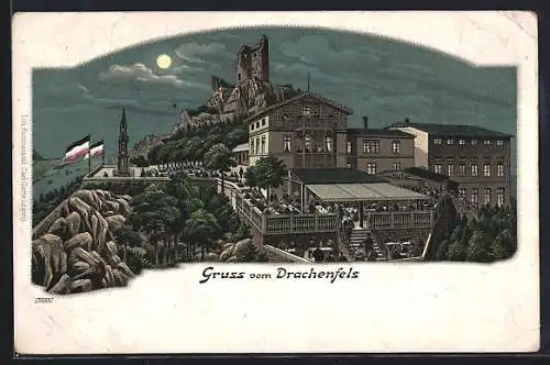 Lithographie Königswinter, Gasthaus Drachenfels mit belebter Terrasse