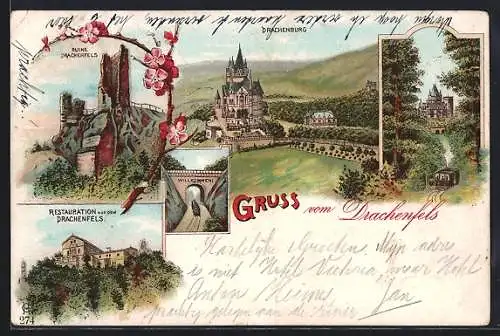 Lithographie Königswinter, Restaurant auf dem Drachenfels, Drachenburg, Ruine