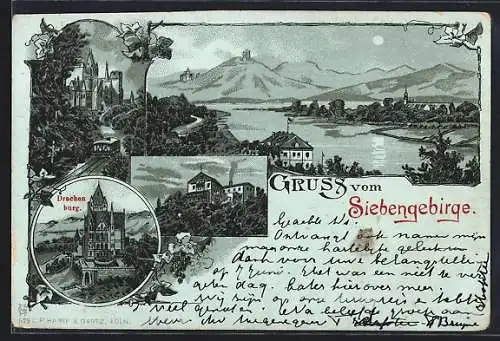 Mondschein-Lithographie Drachenburg, Siebengebirgs-Panorama mit Gasthaus und Ortschaft, Ortsansicht, Kirche mit Bergbahn