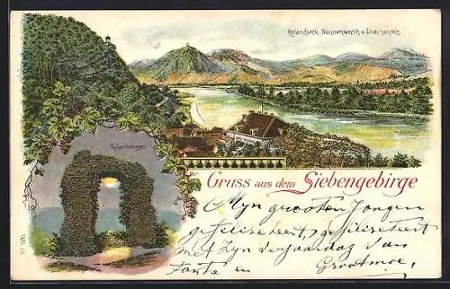 Lithographie Rolandseck, Rolandsbogen, Flusspartie am Drachenfels