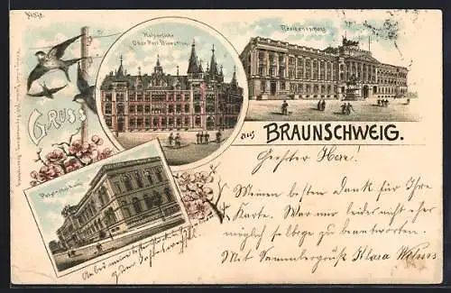 Lithographie Braunschweig, Polytechnikum, Oberpostdirection, Schwalben