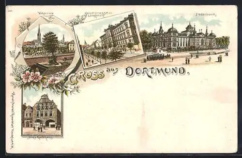 Lithographie Dortmund, Vehmlinde, Kaiserstrasse mit Landgericht, Fredenbaum, Altes Rathaus