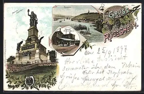 Lithographie Rüdesheim am Rhein, Gesamtansicht, National-Denkmal, Bahnhof der Zahnradbahn